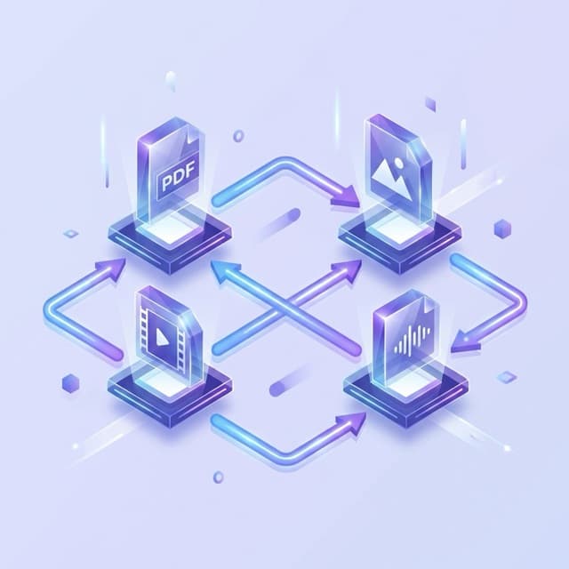 File conversion illustration — PDF, Image, Video, Audio